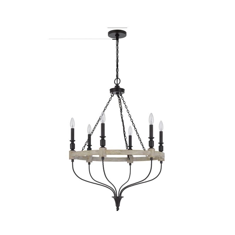 Omy 26 Inch Chandelier, Distressed Wood Wheel Candelabra Design, Black - Benzara