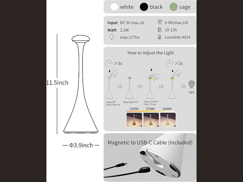 Rechargeable Cordless Table Lamp with Touch Control LED Dimmer Indoor Outdoor image number 2