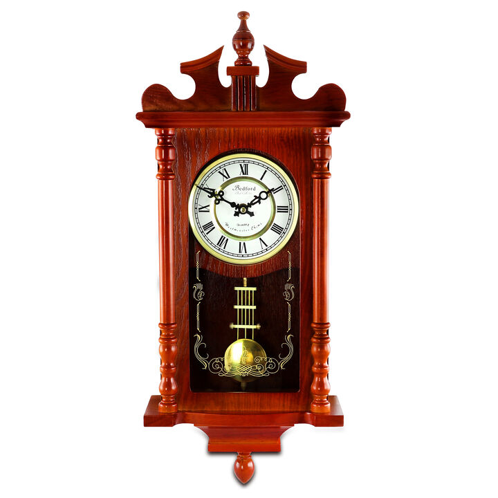 Bedford Collection 25 Inch Wall Clock with Pendulum and Chime in Dark Redwood Oak Finish