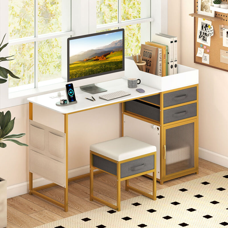 Rotatable Lighted Mirror Vanity Desk, Makeup Dressing Table-White image number 3