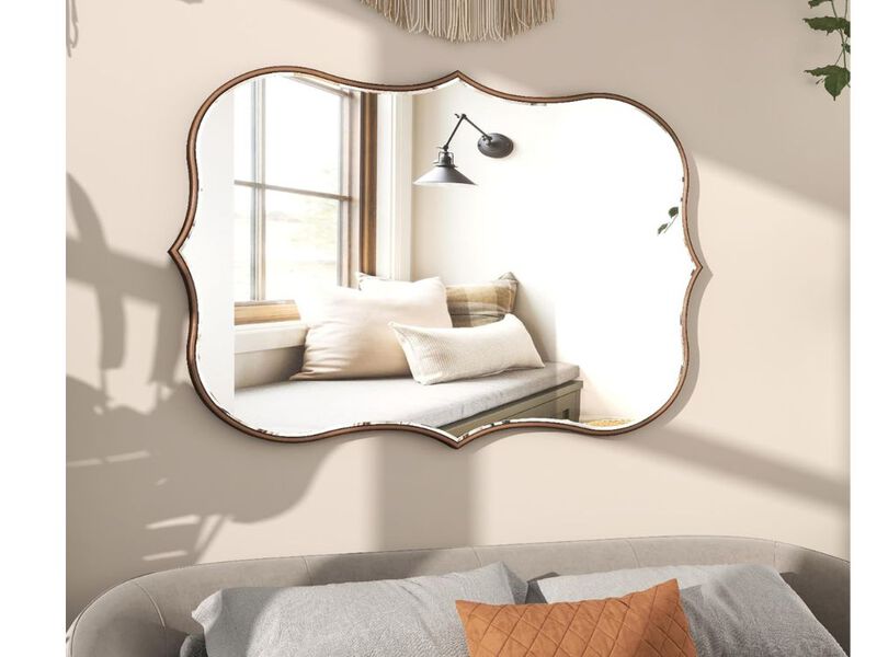 Large Asymmetrical Gold Wall Mirror &ndash; Scalloped Wood Frame, 36" Wide