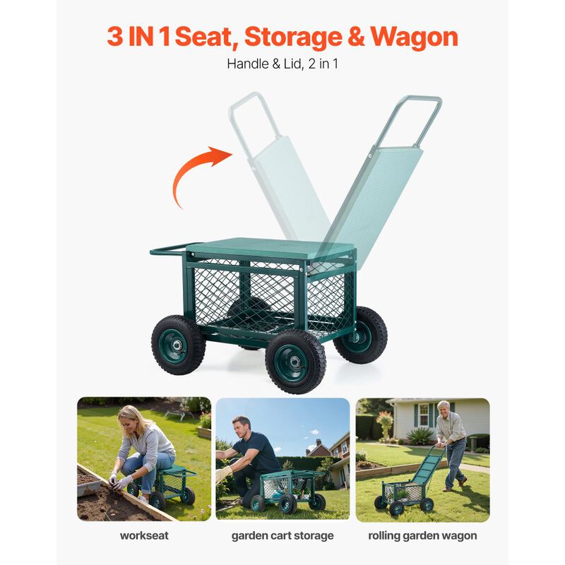 Metal Garden Work Seat with Wheels, Rolling Outdoor Cart for Lawn and Patio image number 4