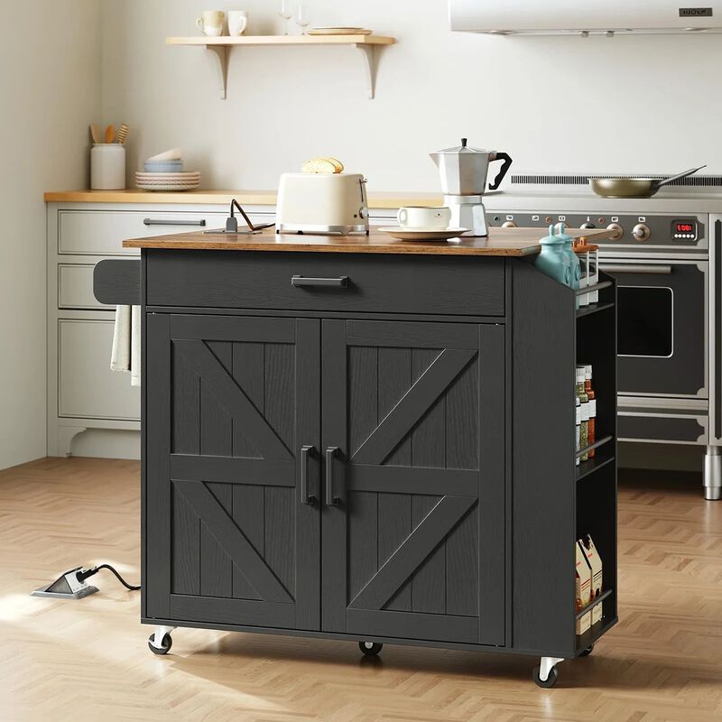 Rolling Kitchen Island with Drop Leaf Tabletop and Power Outlet Station- Black image number 1