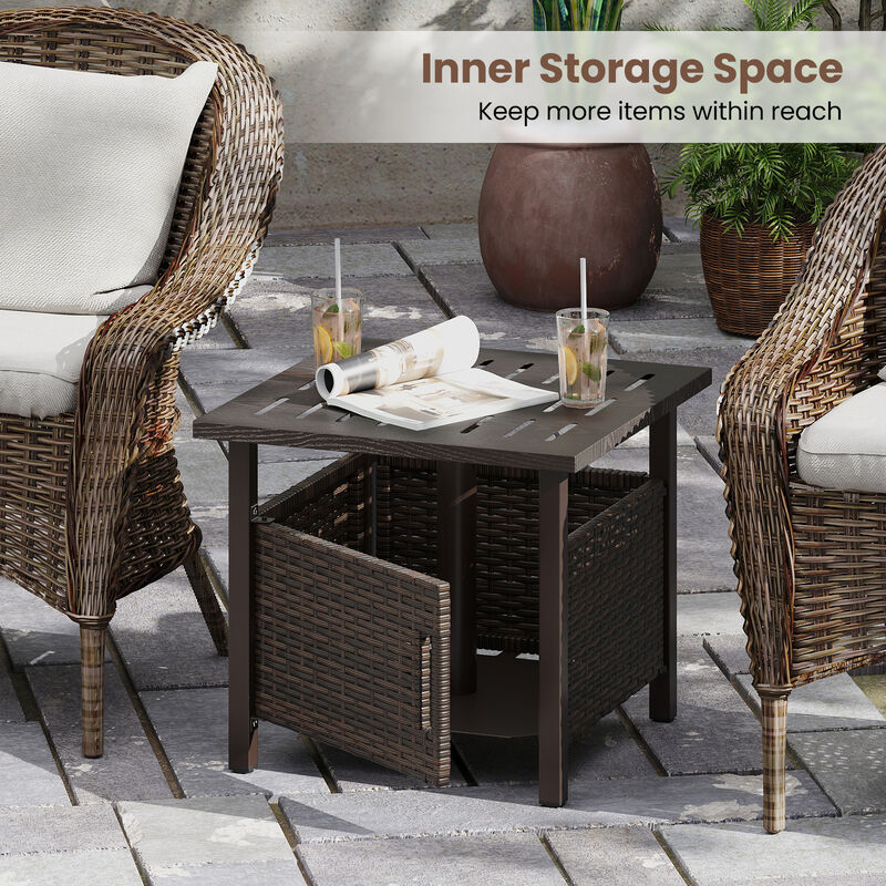 All-Weather PE Wicker Outdoor Side Table with Umbrella Hole for Patio-Mix Brown image number 7