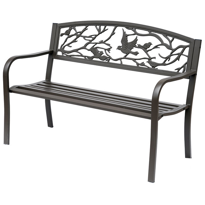 Outsunny 50" Garden Bench, Outdoor Patio Bench with Animal Pattern, Cast Steel Metal Bench for Yard, Lawn, Porch, Brown