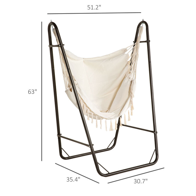 Outsunny Patio Hammock Chair with U Shape Stand, Outdoor Hammock Swing Hanging Lounge Chair with Side Pocket, Brown/Cream White