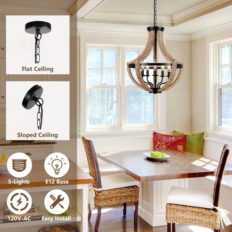 ELEMENT ACE 19 Inch 5-Light Height Adjustable Farmhouse Chandelier, Dual Use as Pendant or Flush Mount Light for Dining Room, Kitchen Island, Living Room, Bedroom & Foyer image number 3