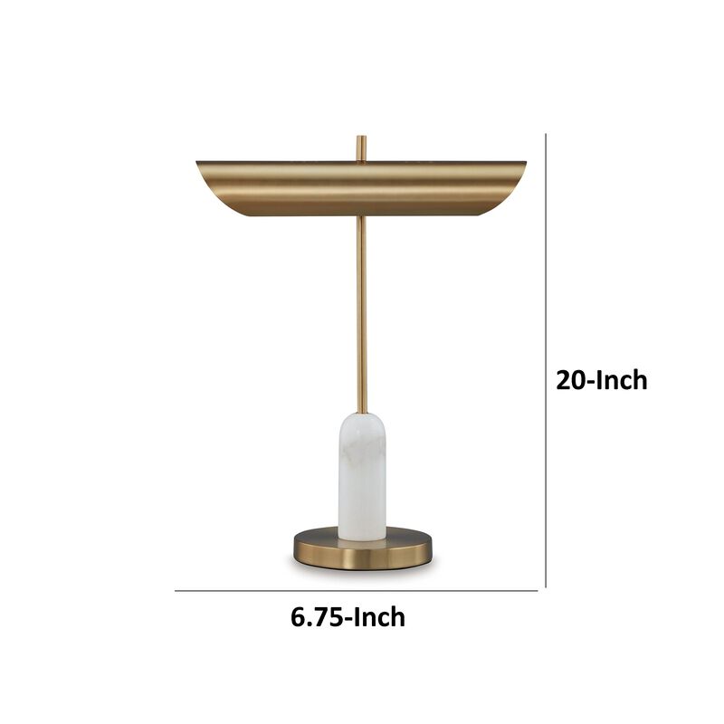Leon 20 Inch Desk Lamp, Round Base, USB Port, Gold Metal, White Marble - Benzara