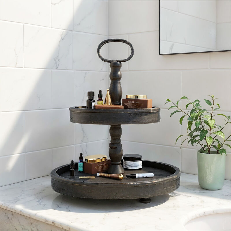 Distressed Blackwashed Wood 2-Tier Tray with Metal Handle image number 1