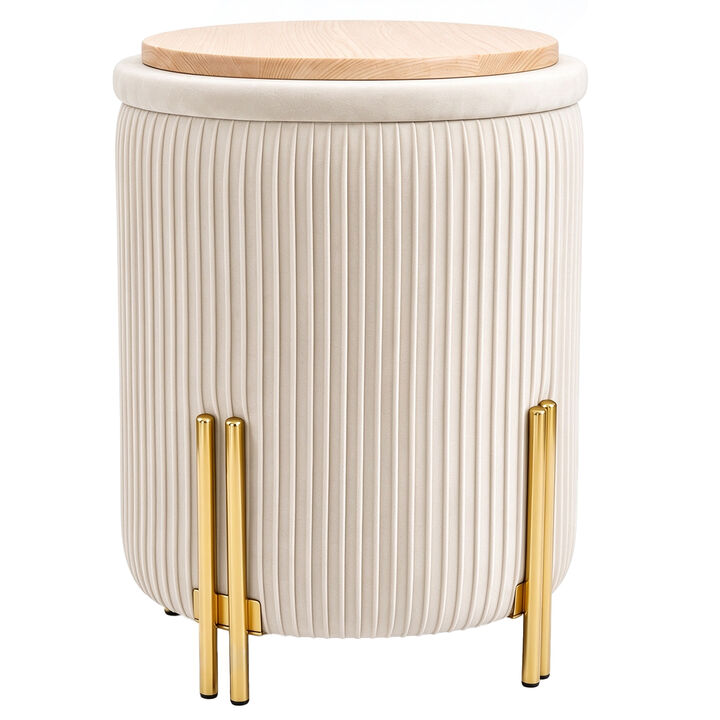 Off-White Round Velvet Storage Ottoman with Reversible Tray Lid, Gold Metal Legs