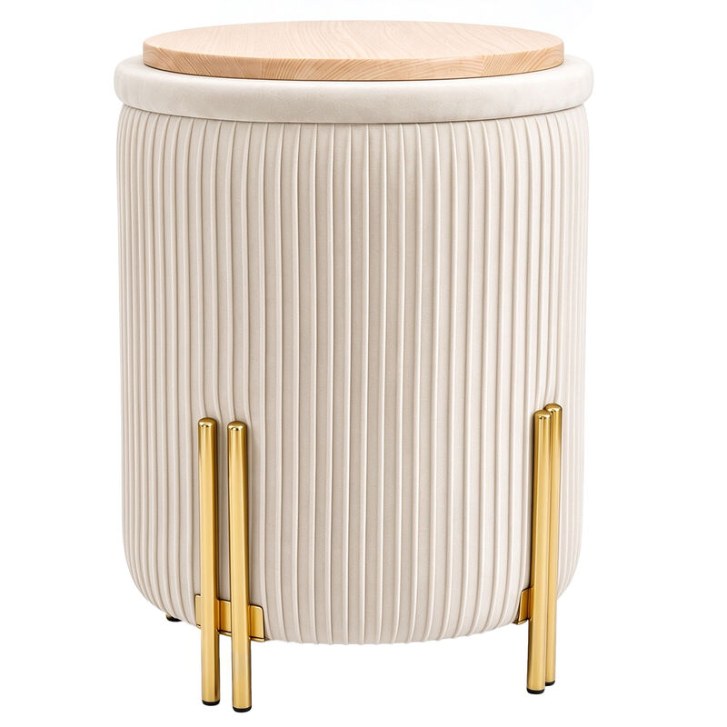 Off-White Round Velvet Storage Ottoman with Reversible Tray Lid, Gold Metal Legs image number 0