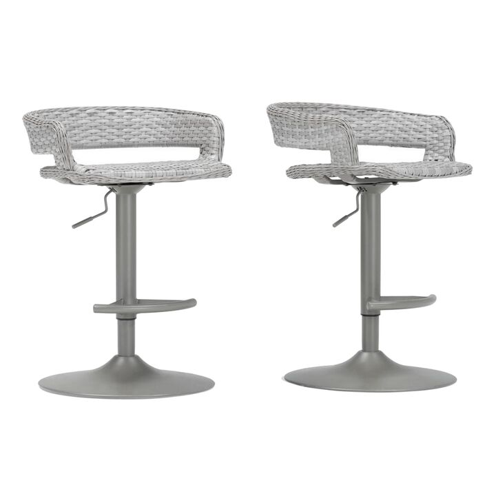 Coco 30 Inch Set of 2 Patio Airlift Bar Stools with Wicker Frame, Gray-Benzara