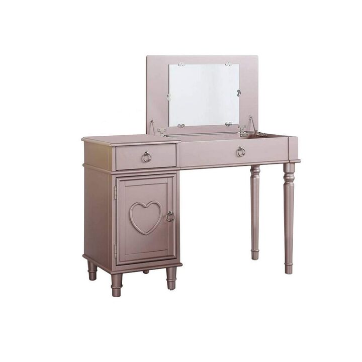 43 Inch Vanity Set, Accent Mirror, Included Matching Stool, Rose Gold Wood-Benzara