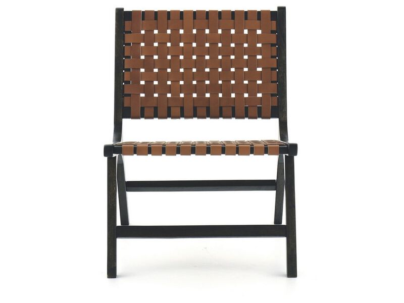 Wooden Frame Accent Chair with Leather Stripe Woven Pattern, Brown - Benzara