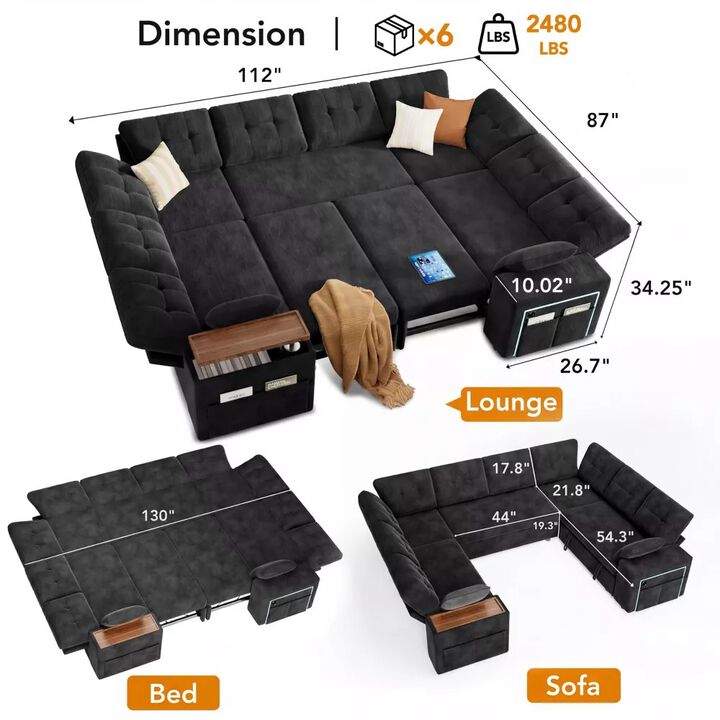 Vipbear 112" U-Shaped 8-Seat Modular Chenille Sectional Sleeper Sofa, Pull Out Bed Reclining Couch