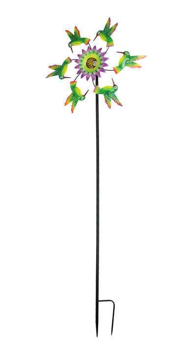 Metal Hummingbirds and Flower Garden Twirler Wind Spinner Stake 70 Inches High