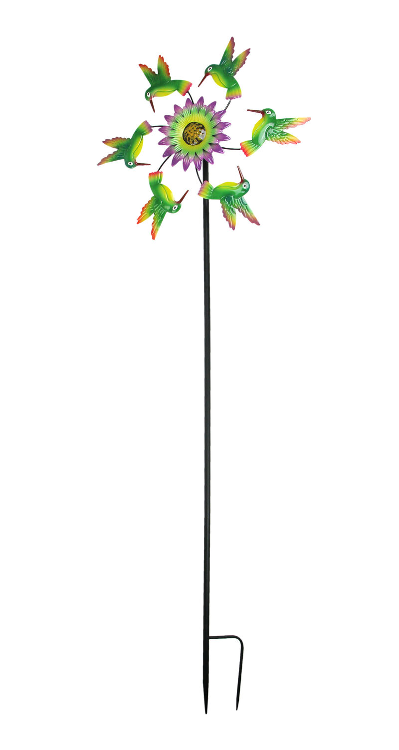 Metal Hummingbirds and Flower Garden Twirler Wind Spinner Stake 70 Inches High image number 0