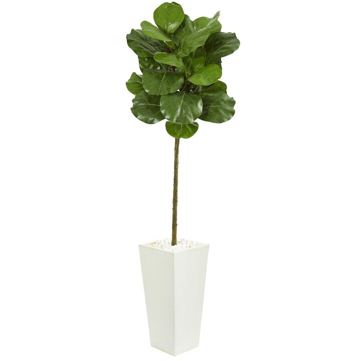 Nearly Natural 5.5-in Fiddle Leaf Artificial Tree in White Tower Planter