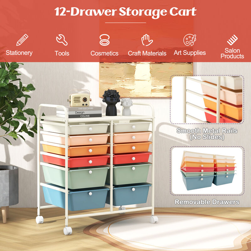 12-Drawer Rolling Organizer Cart with Lockable Wheels and Smooth Glide Drawers