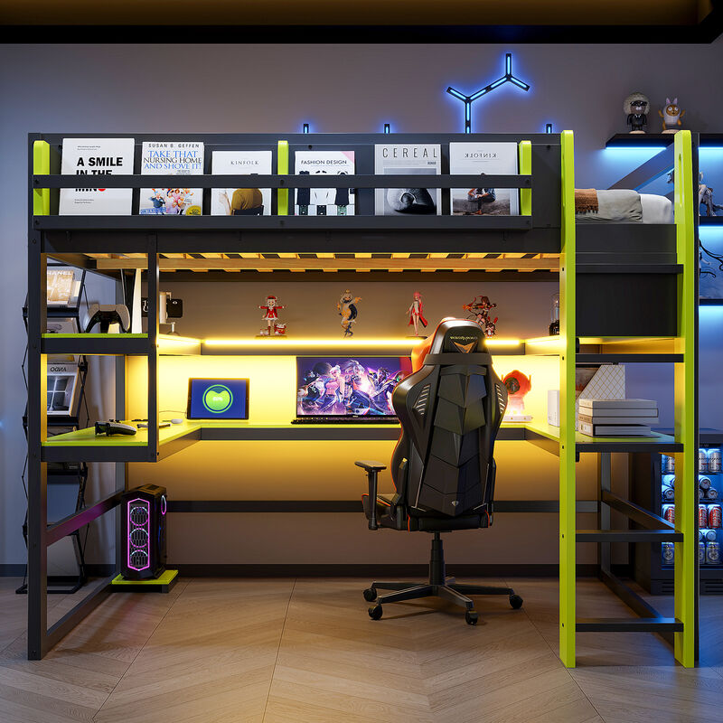 Merax Gaming Wood Loft Bed with RGB LED, USB Ports & Storage Rack image number 2