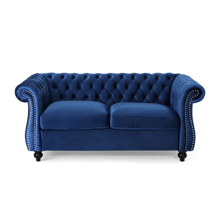 Bernie Loveseat 62 Inch Sofa, Nailhead Trim, Solid Wood, Blue Tufted Fabric