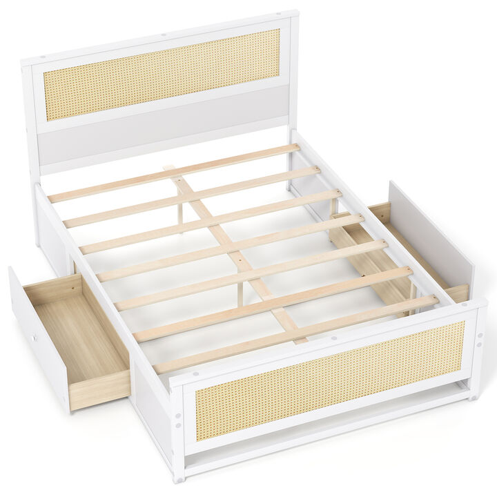 Modern Full Rattan Bed Frame with Under-Bed Storage Drawers