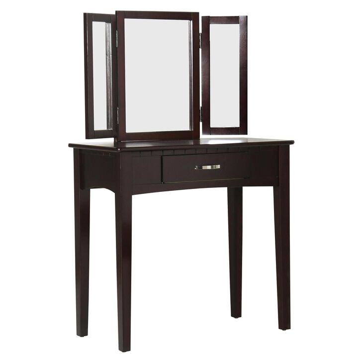 Simply Awesome Transitional Vanity Table With A Stool, Espresso Finish-Benzara