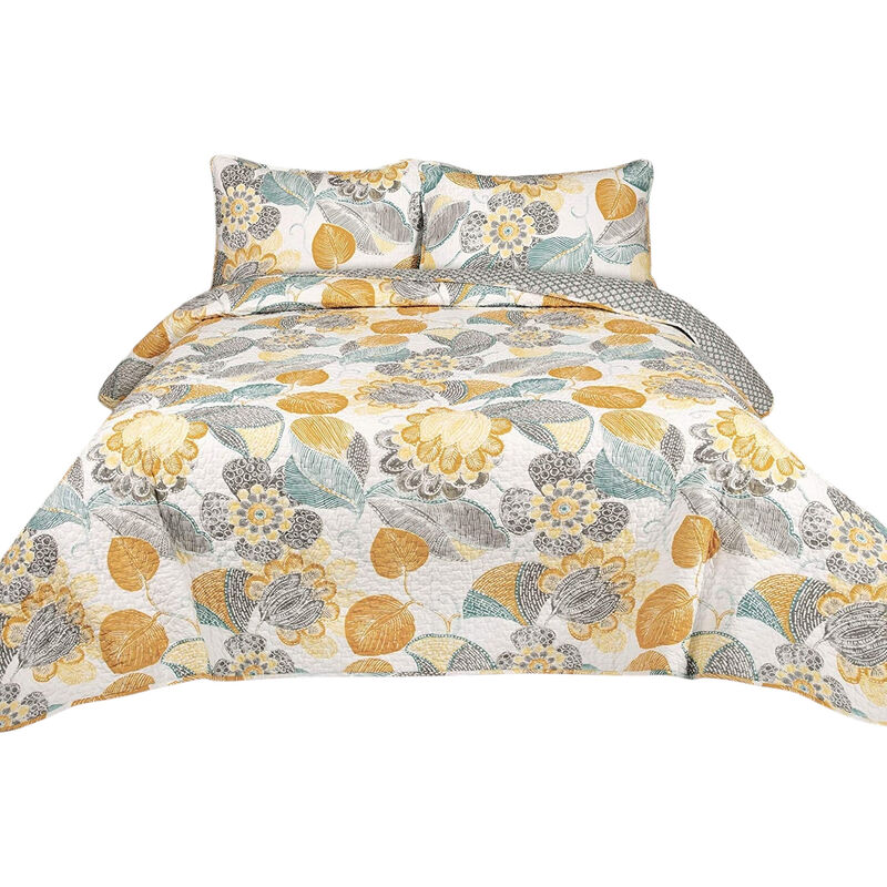 3-Piece Cotton Bedding Set with Reversible Floral Leaves Print, Lightweight Quilt