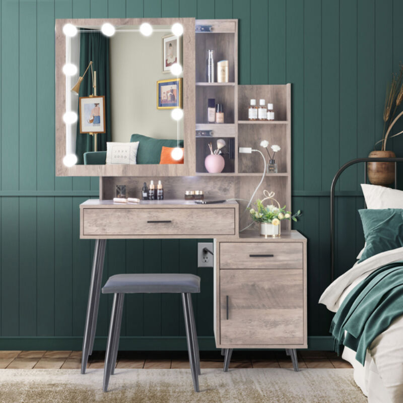 Vanity Set with Mirror, Lights, 2 Drawers, 1 Door & Storage Shelves