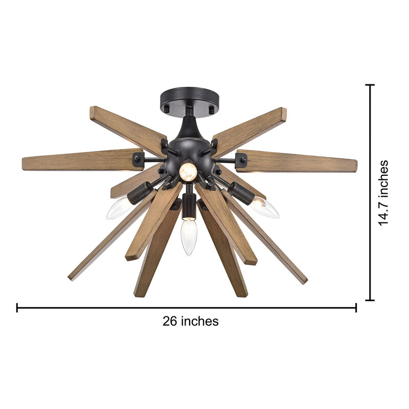 Nerea 4-Light Antique Black Finish Sputnik Natural Wood Flush Mount image number 3