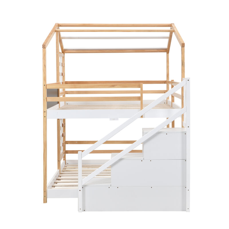 TATEUS Full Bunk Bed House Bed Ladder Platform Bed