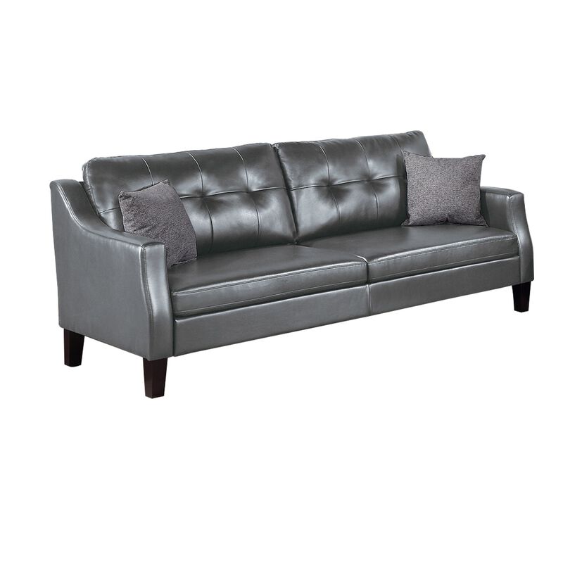 Hera 2 Piece Sofa and Loveseat Set, 4 Pillows, Classic Gray Faux Leather-Benzara