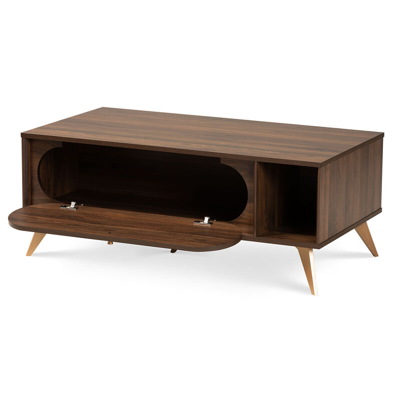 Baxton Studio Edel Mid Century Modern Walnut Brown And Gold Finished Wood Coffee Table