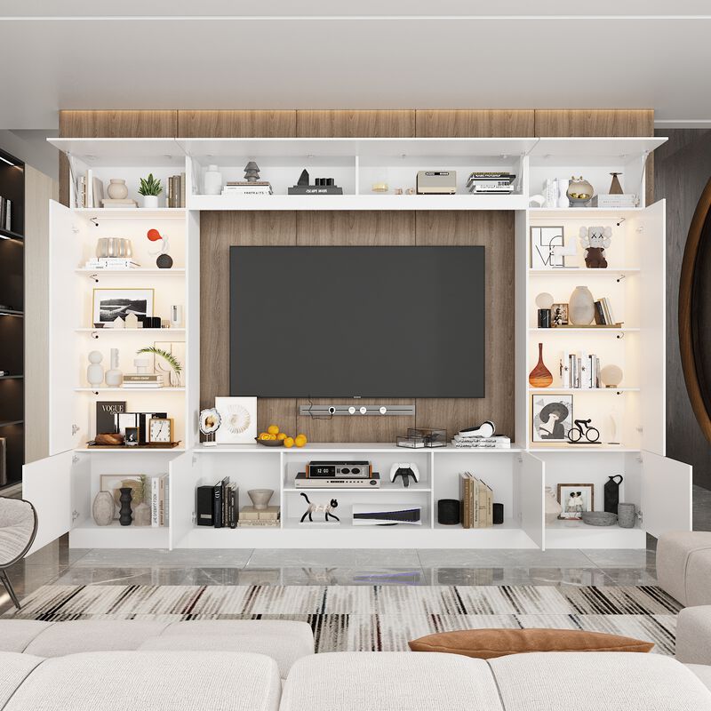 4-Piece White Wood Entertainment Center TV Console with Door Cabinets, Bookshelves, LED Lights for TVs up to 65 in.