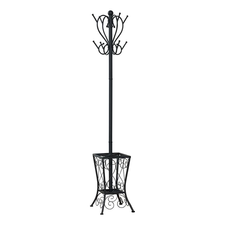 Monarch Specialties I 2060 Coat Rack, Hall Tree, Free Standing, 8 Hooks, Entryway, 71"H, Umbrella Holder, Bedroom, Metal, Black, Transitional