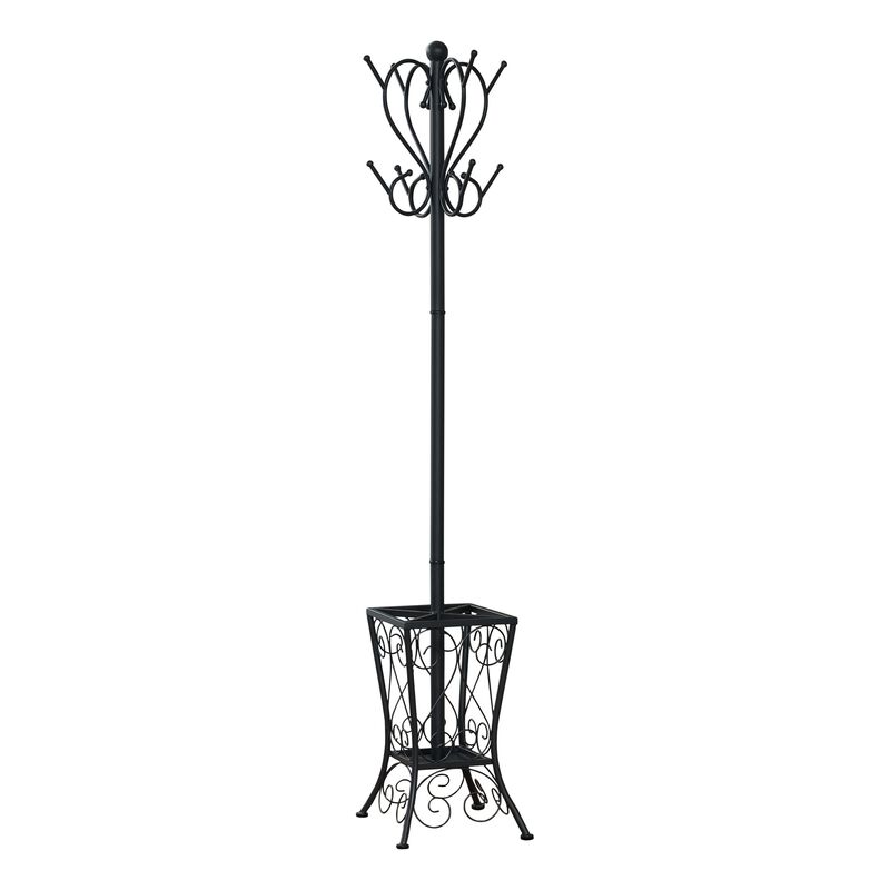 Monarch Specialties I 2060 Coat Rack, Hall Tree, Free Standing, 8 Hooks, Entryway, 71"H, Umbrella Holder, Bedroom, Metal, Black, Transitional