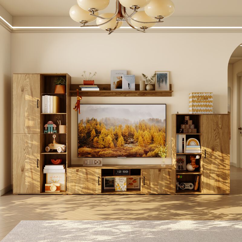 FUFU&GAGA Entertainment Wall Unit with TV Console, Floating Shelf, Glass Doors, Natural Wood Finish (126"W x 70.9"H x 15.7"D),Brown