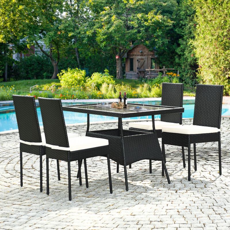 5 Pieces Rattan Dining Set Glass Table High Back Chair