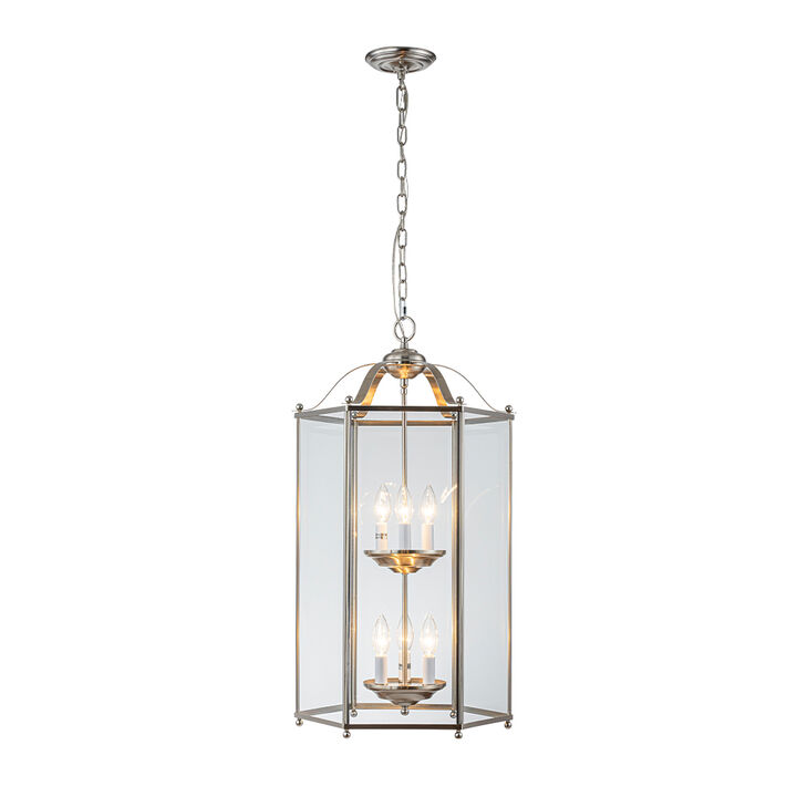 6 Light 2-Tier Satin Nickel Lantern Pendant Light 17-Inch Vintage Empire Style Chandelier with Clear Glass Shade for Foyer Hall Entryway Staircase
