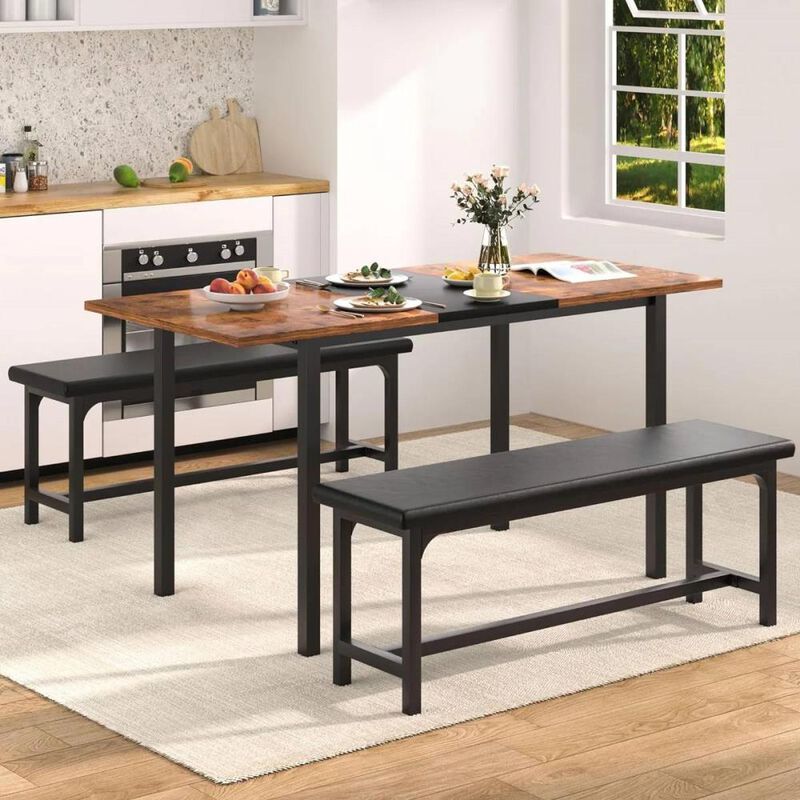Hivvago Modern 3-Piece Dining Set with Expandable Kitchen Table and 2 Backless Benches