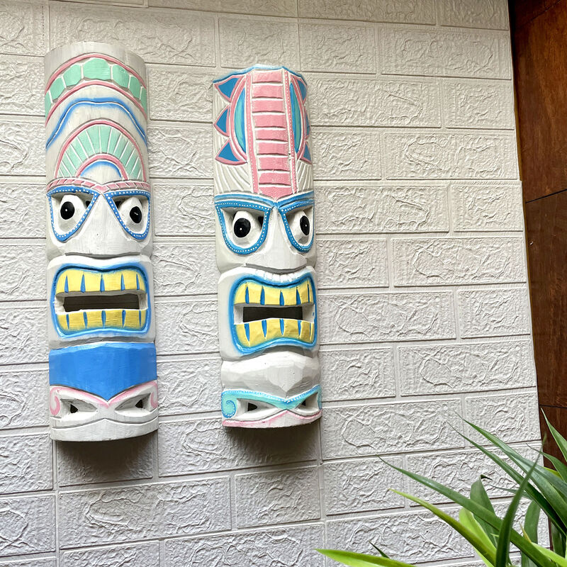 Set of 2 - 20" Pastel Pink & Blue Tiki Masks Wood Wall Decor Indoor/Outdoor image number 5