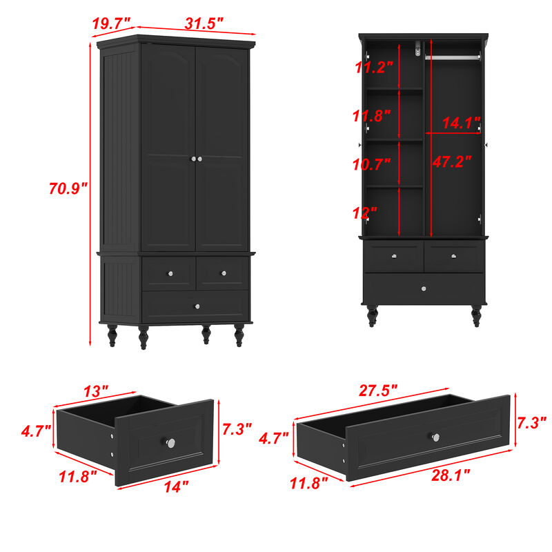 FUFU&GAGA Wooden Armoire with Double Doors, Shelves, and 3 Drawers (31.5" W x 19.7" D x 70.9" H), Black