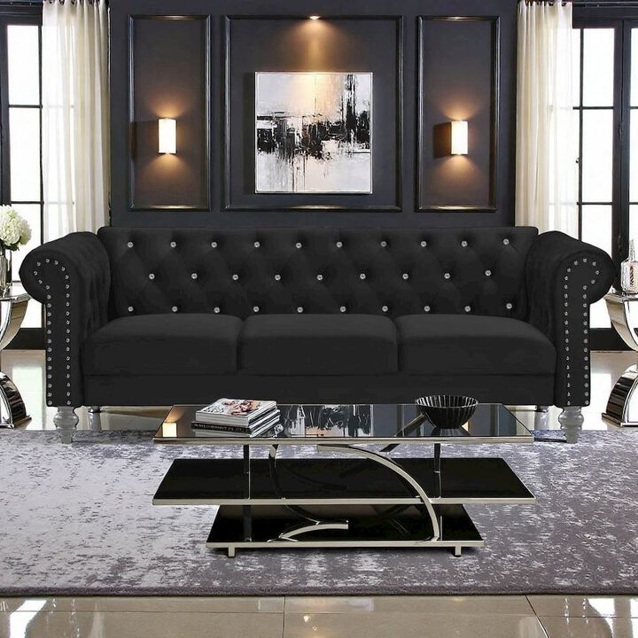Black Velvet Sofa with Rolled Arms &ndash; Elegant Velvet Couch for Living Room