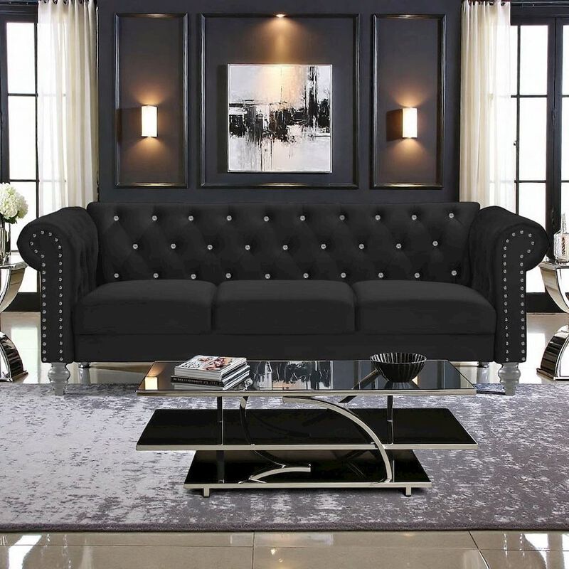 Black Velvet Sofa with Rolled Arms &ndash; Elegant Velvet Couch for Living Room image number 1
