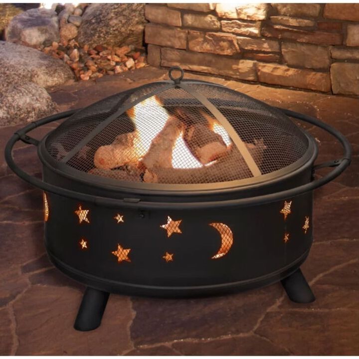 QuikFurn Heavy Duty Steel Metal Wood Burning Fire Pit with Moon and Stars Cutouts
