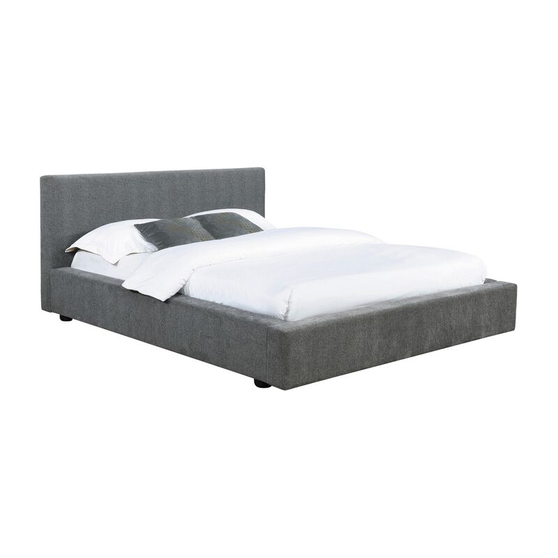 Jivi King Size Platform Bed, Low Profile, Padded, Gray Fabric Upholstered - Benzara