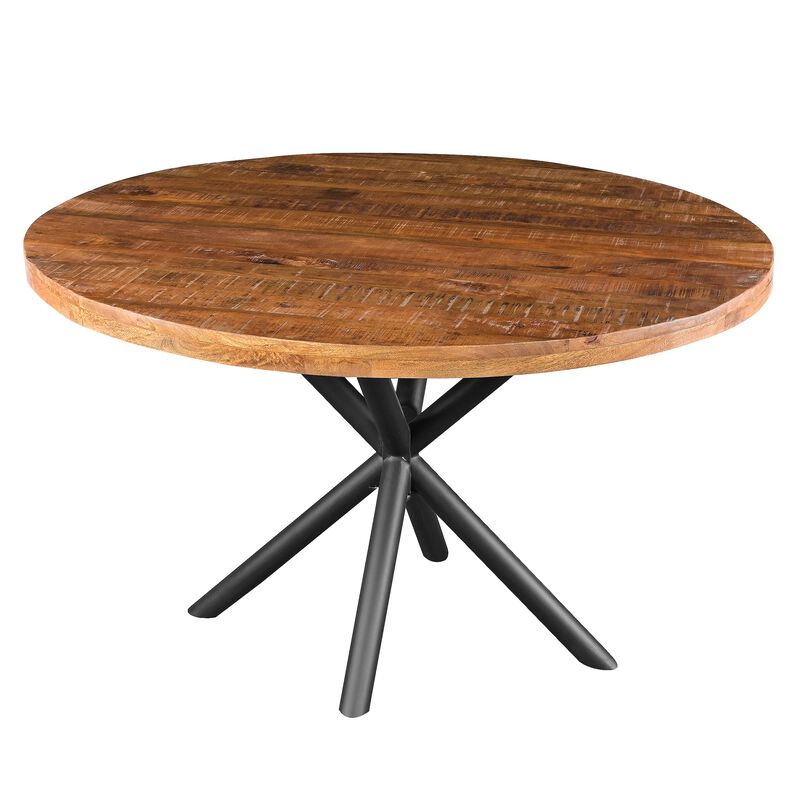 48 Inch Handcrafted Dining Table, Solid Mango Wood Round Top with Iron Crisscrossed Legs, Natural Brown and Black-Benzara image number 1