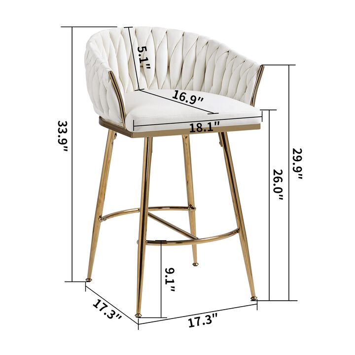 26 Inch Velvet Counter Height Bar Stool with Hand Wave Back and Golden Base for Kitchen Island