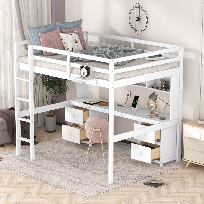 Merax Full Size Loft Bed with Desk, Cabinets, Drawers and Bedside Tray