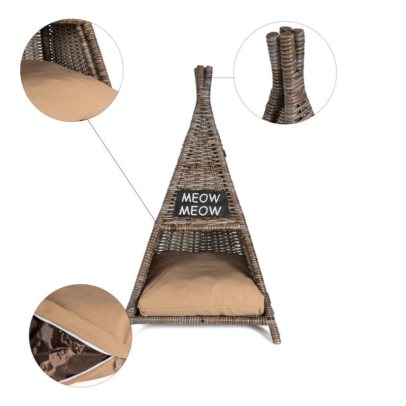 Tiki Tent Coastal Handwoven Rattan Cat Bed with Machine-Washable Cushion